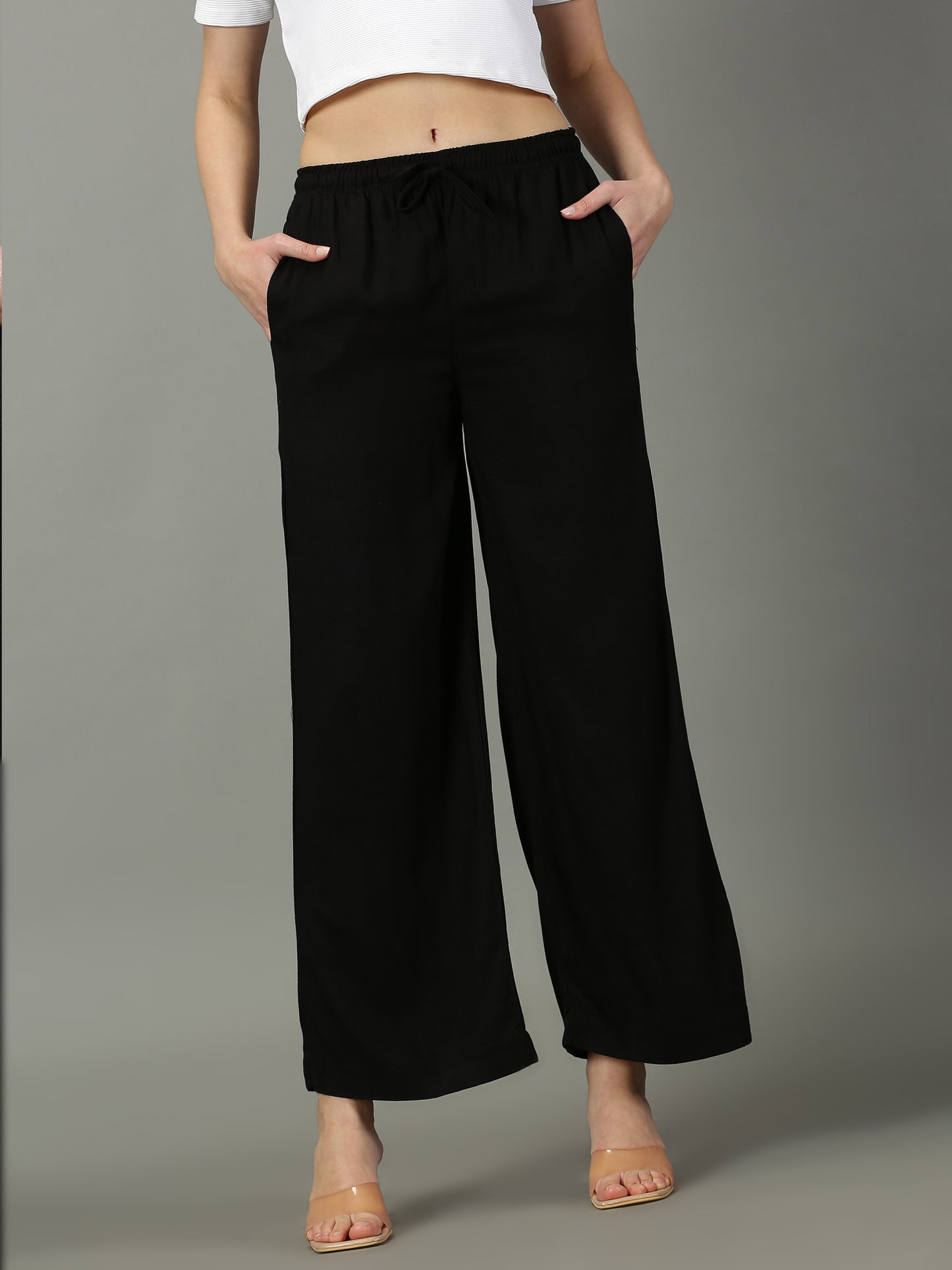 Black Solid Slub Palazzos