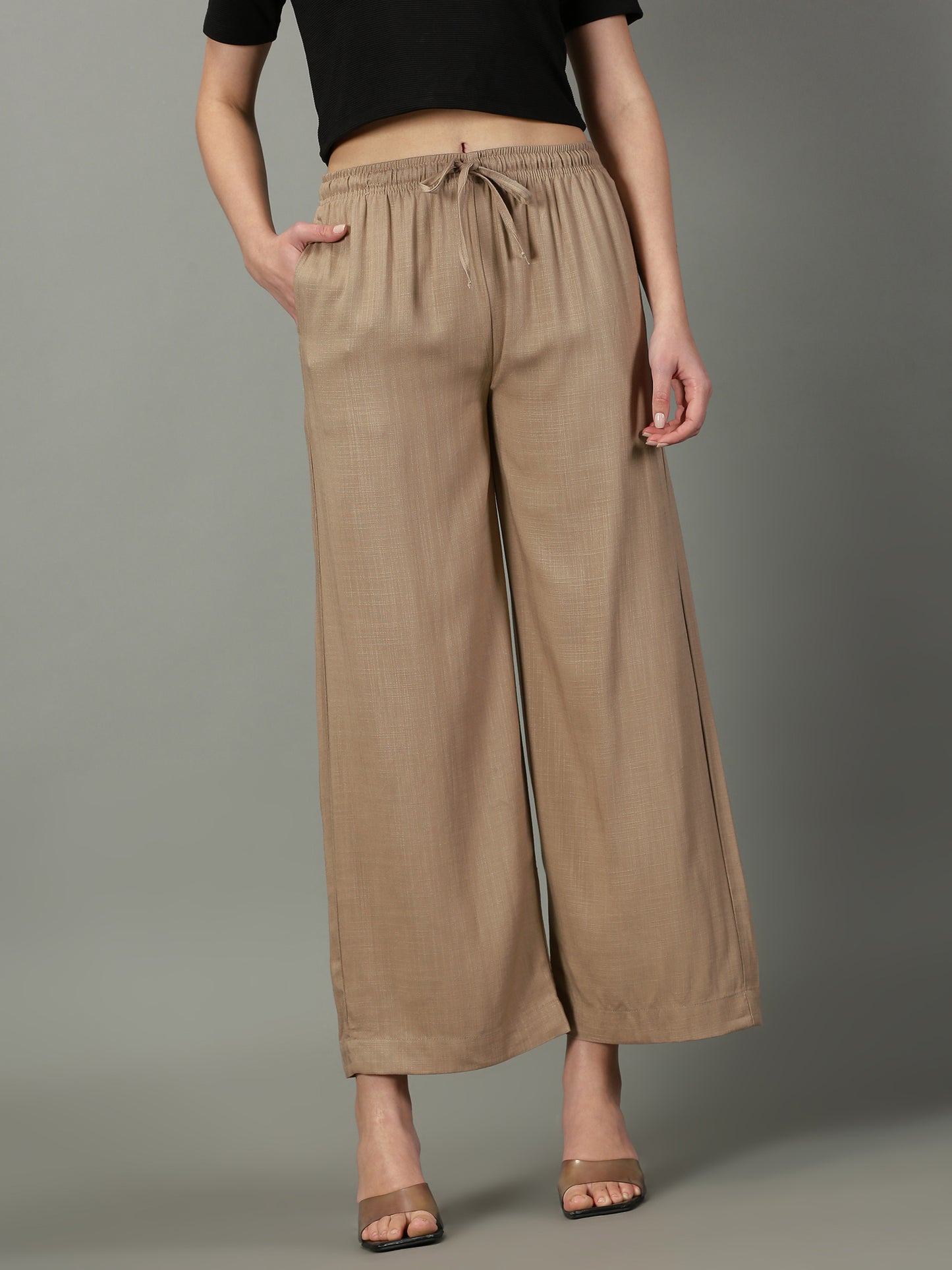 Dark Beige Solid Slub Palazzos