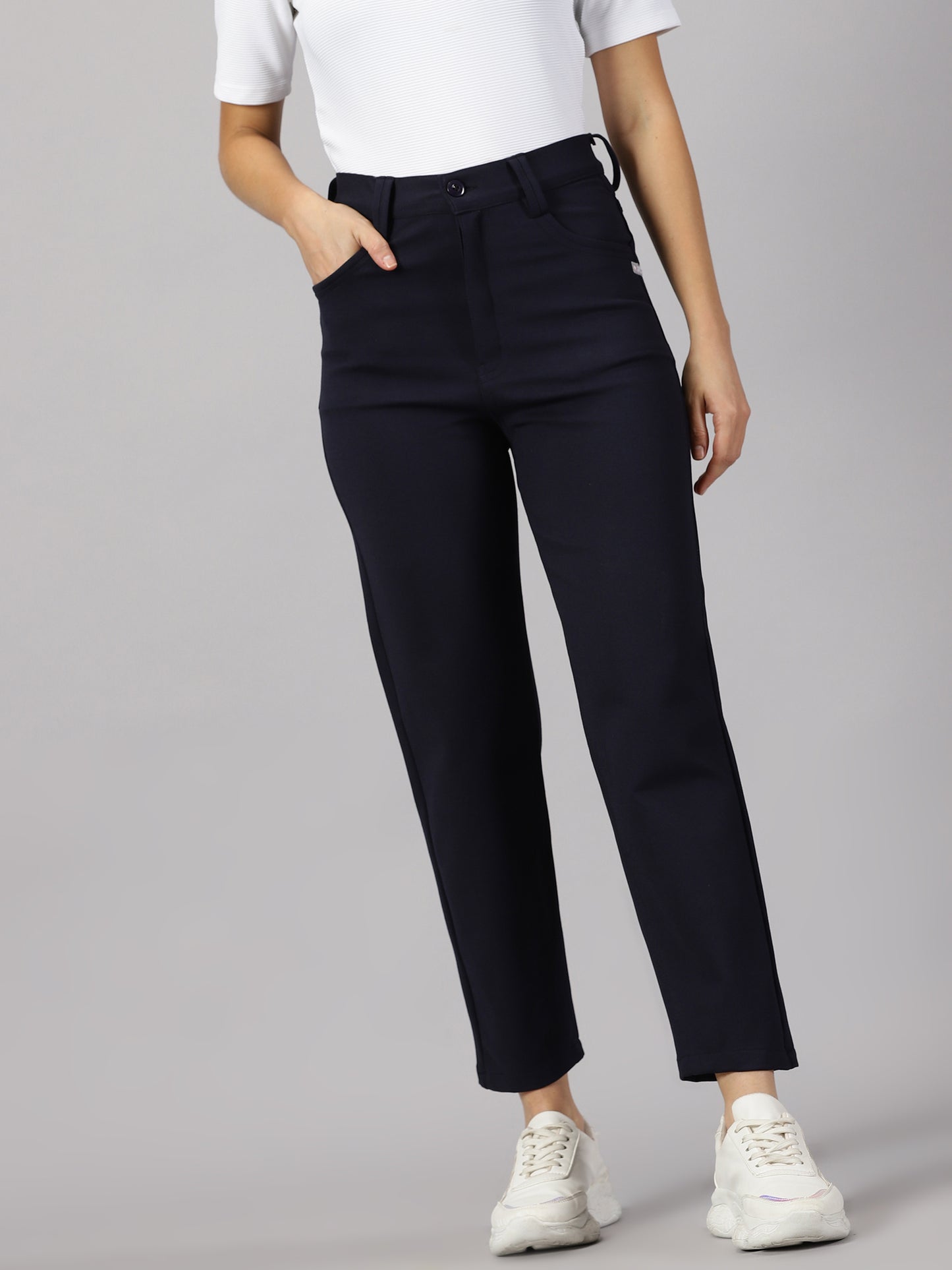 Navy solid four pocket stretchable trousers