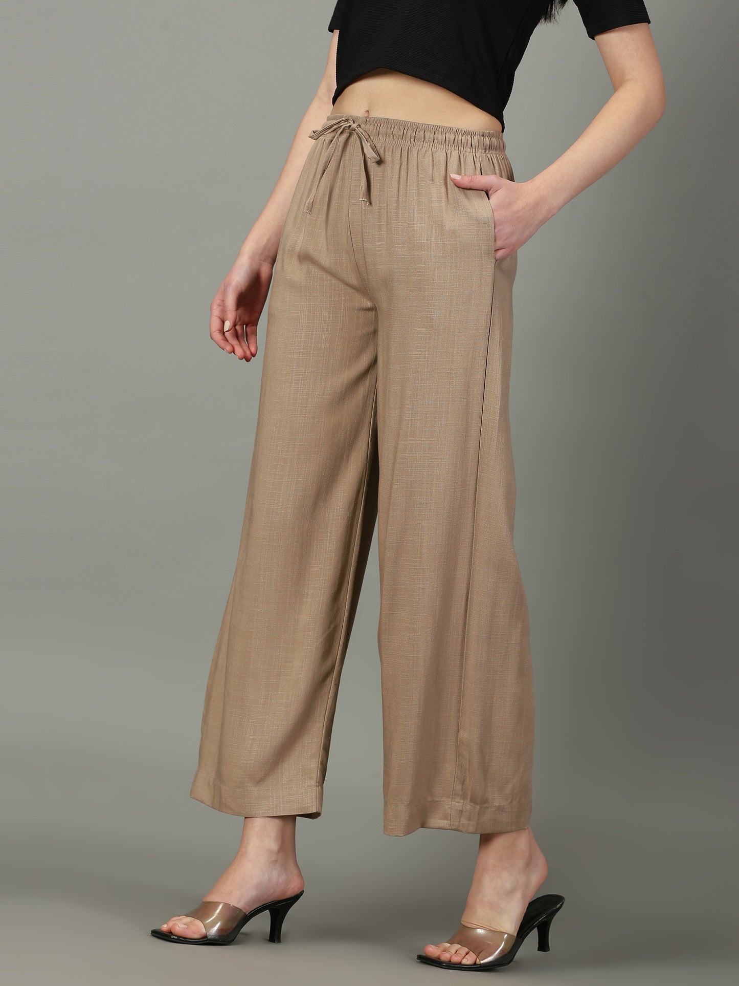 Dark Beige Solid Slub Palazzos