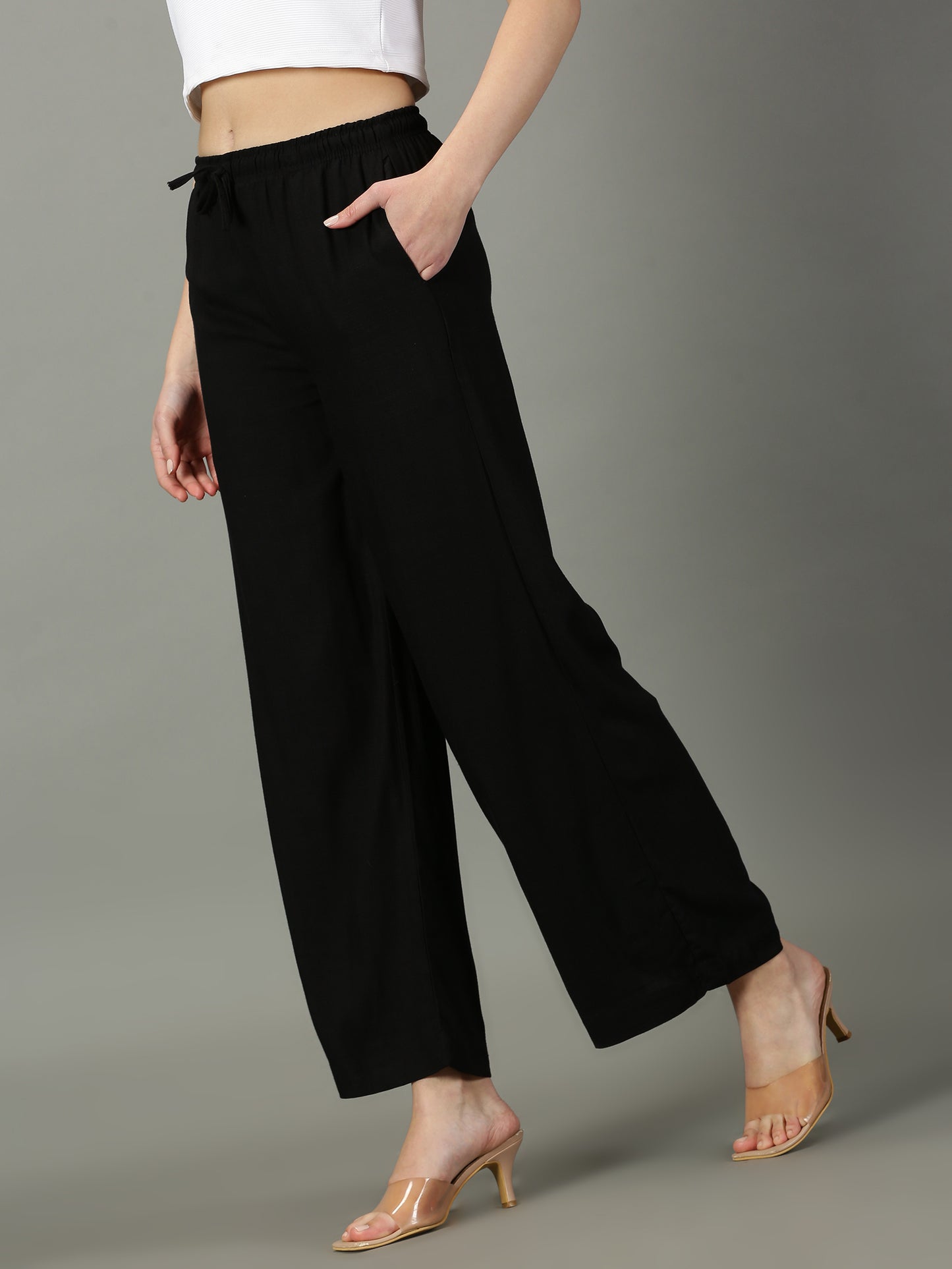 Black Solid Slub Palazzos