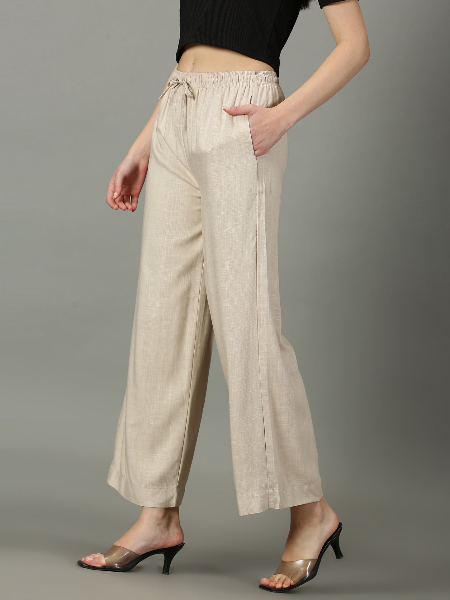 Beige Solid Slub Palazzos