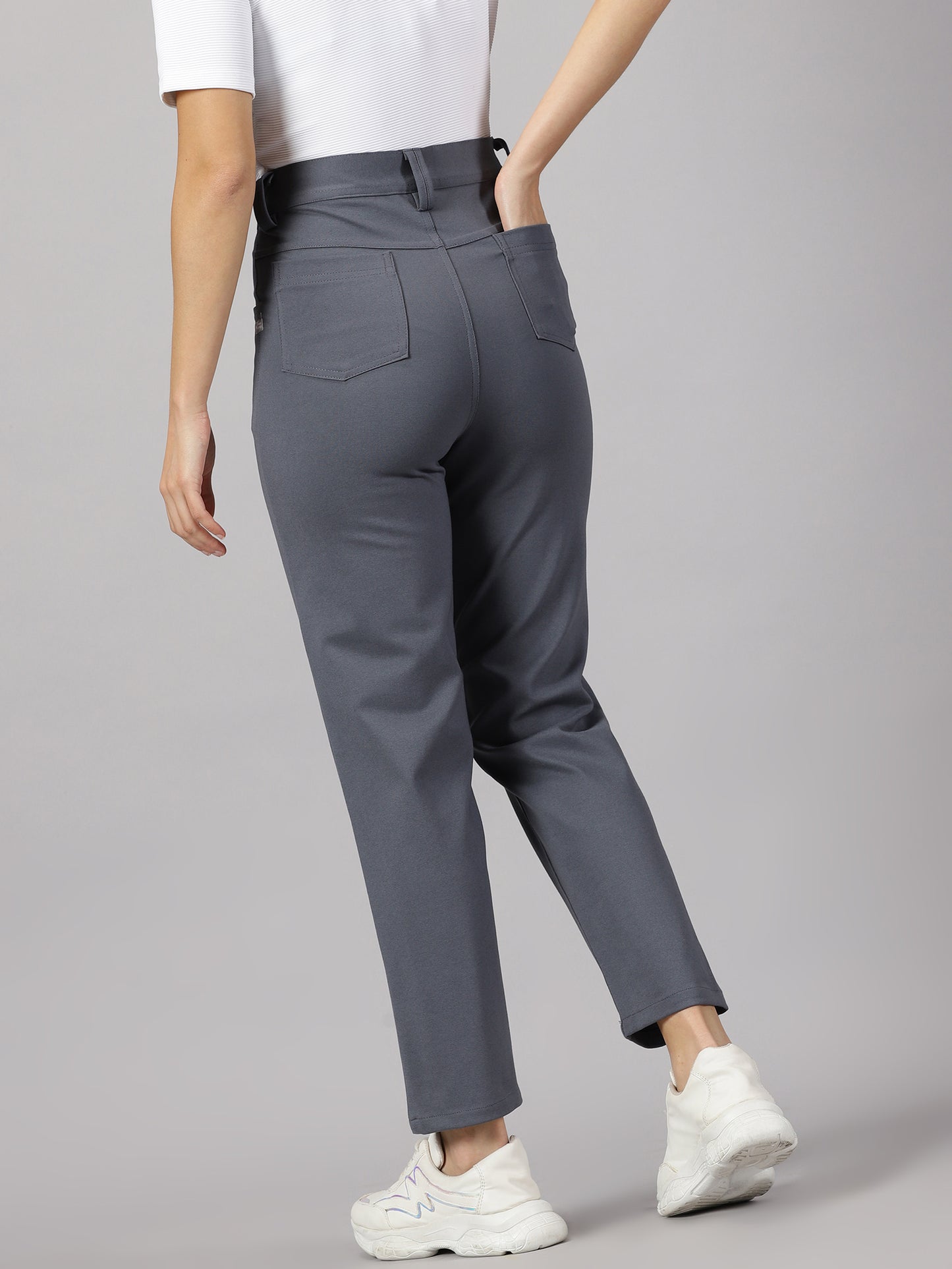 Light grey solid four pocket stretchable trousers