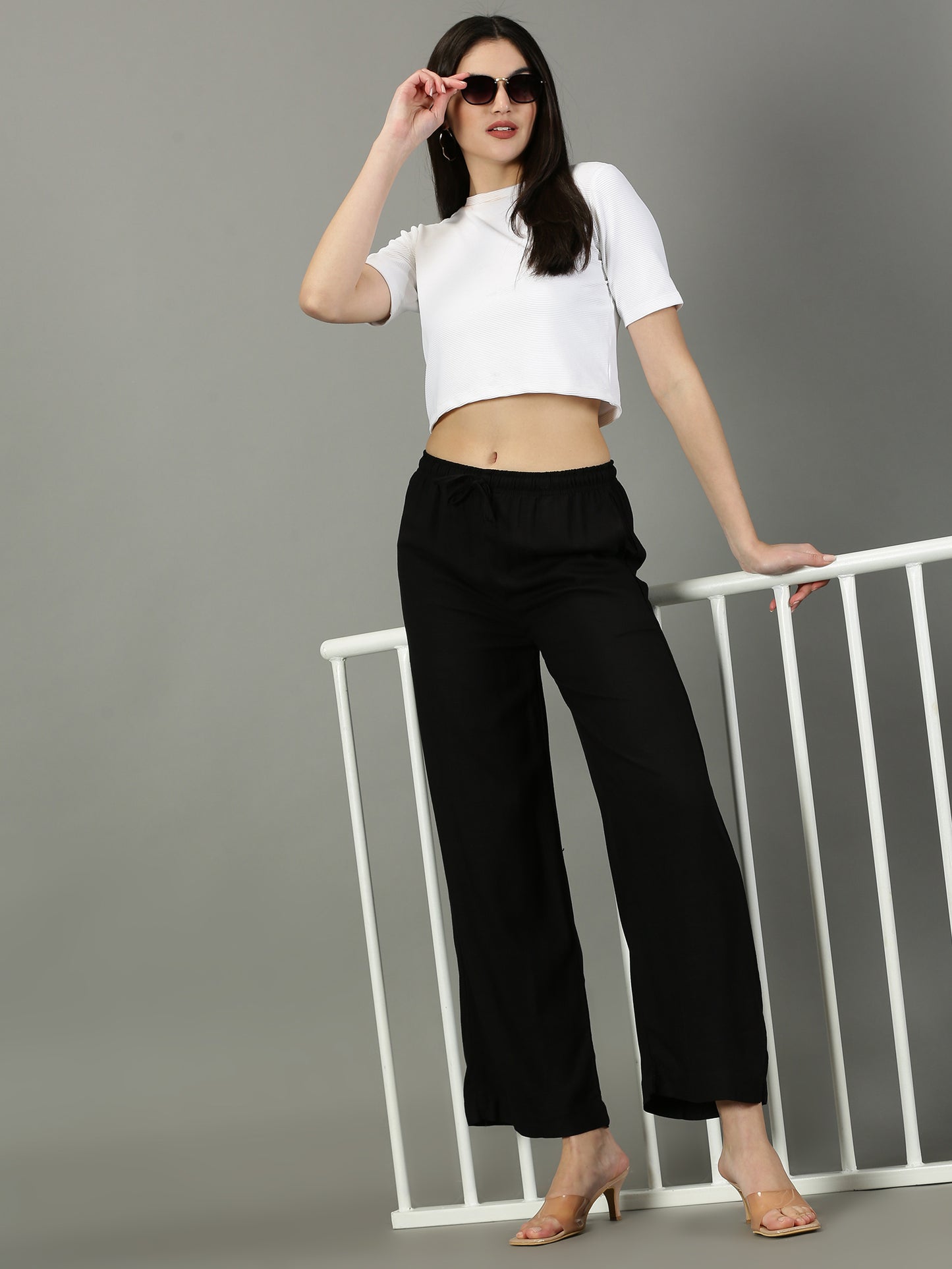 Black Solid Slub Palazzos