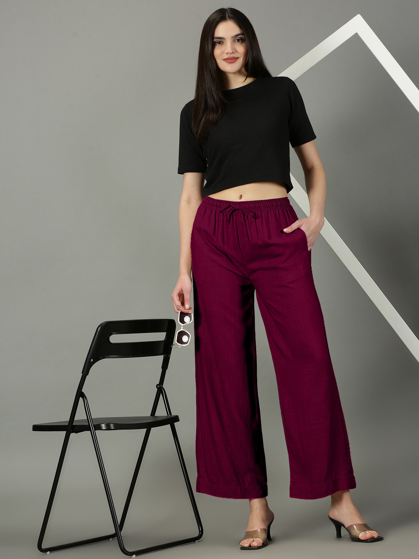 Burgundy Solid Slub Palazzos