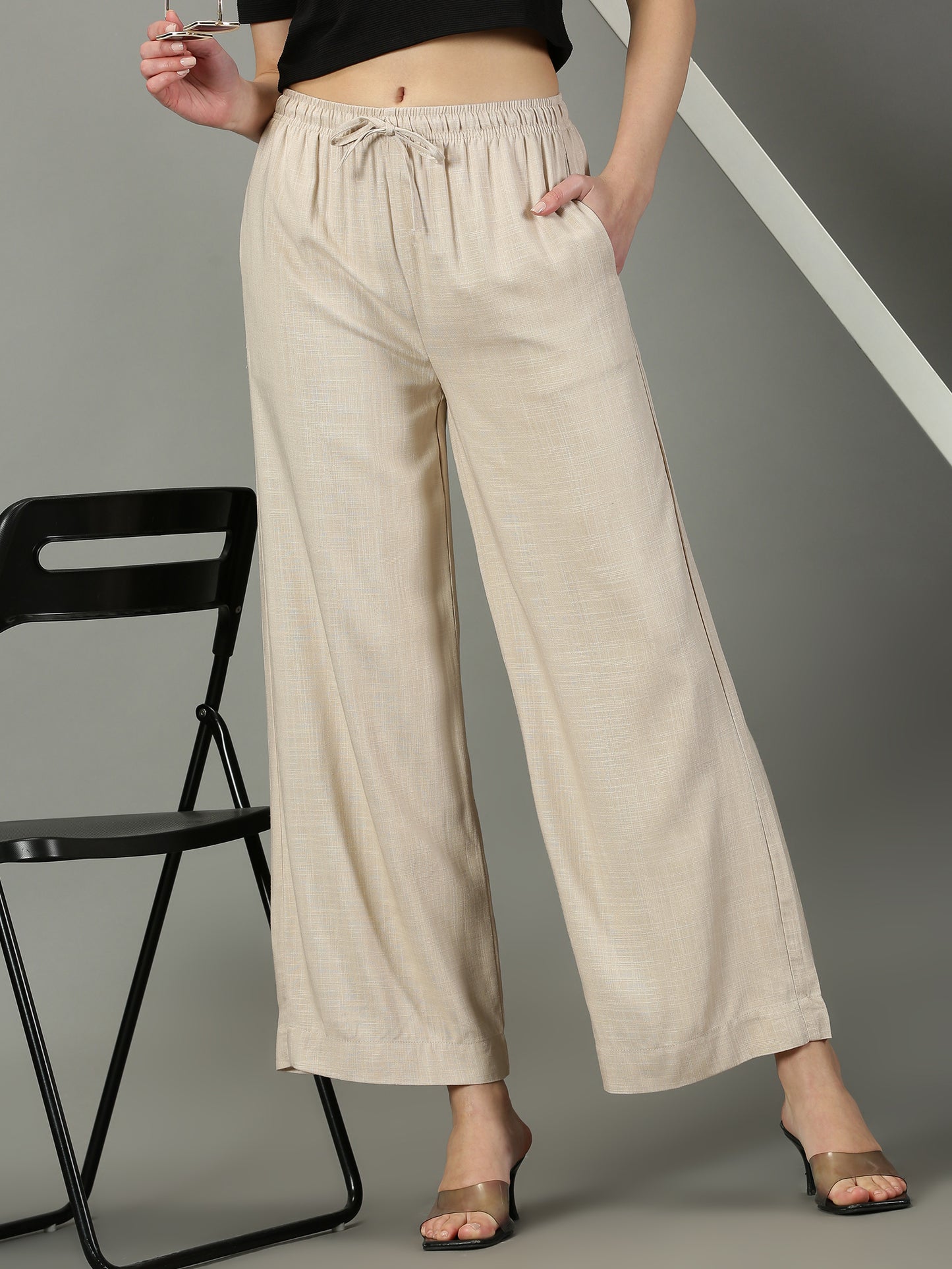 Beige Solid Slub Palazzos