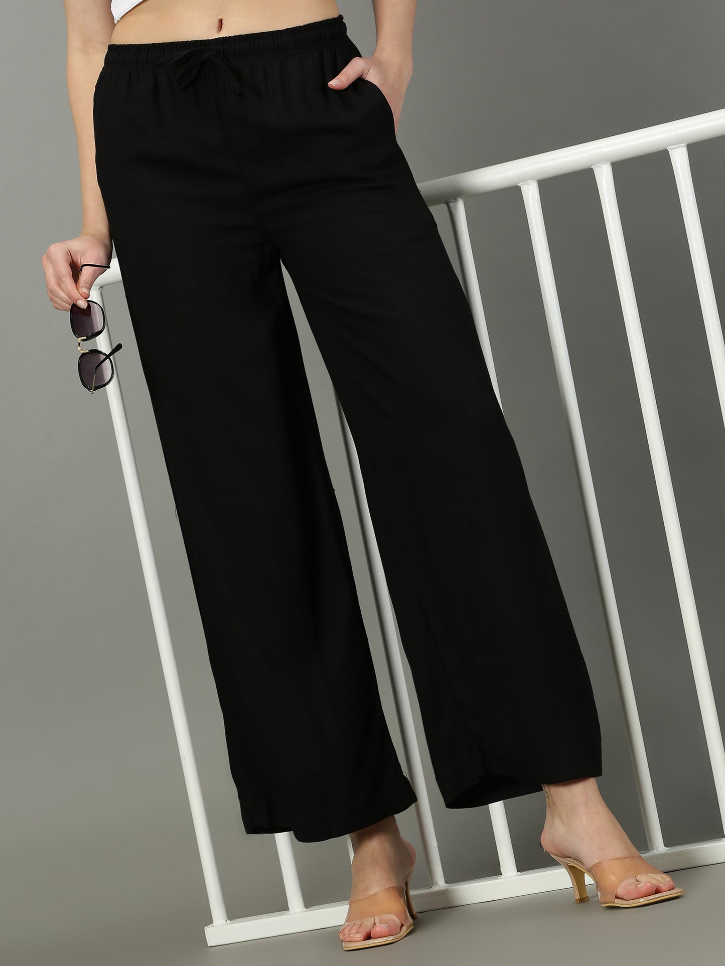 Black Solid Slub Palazzos