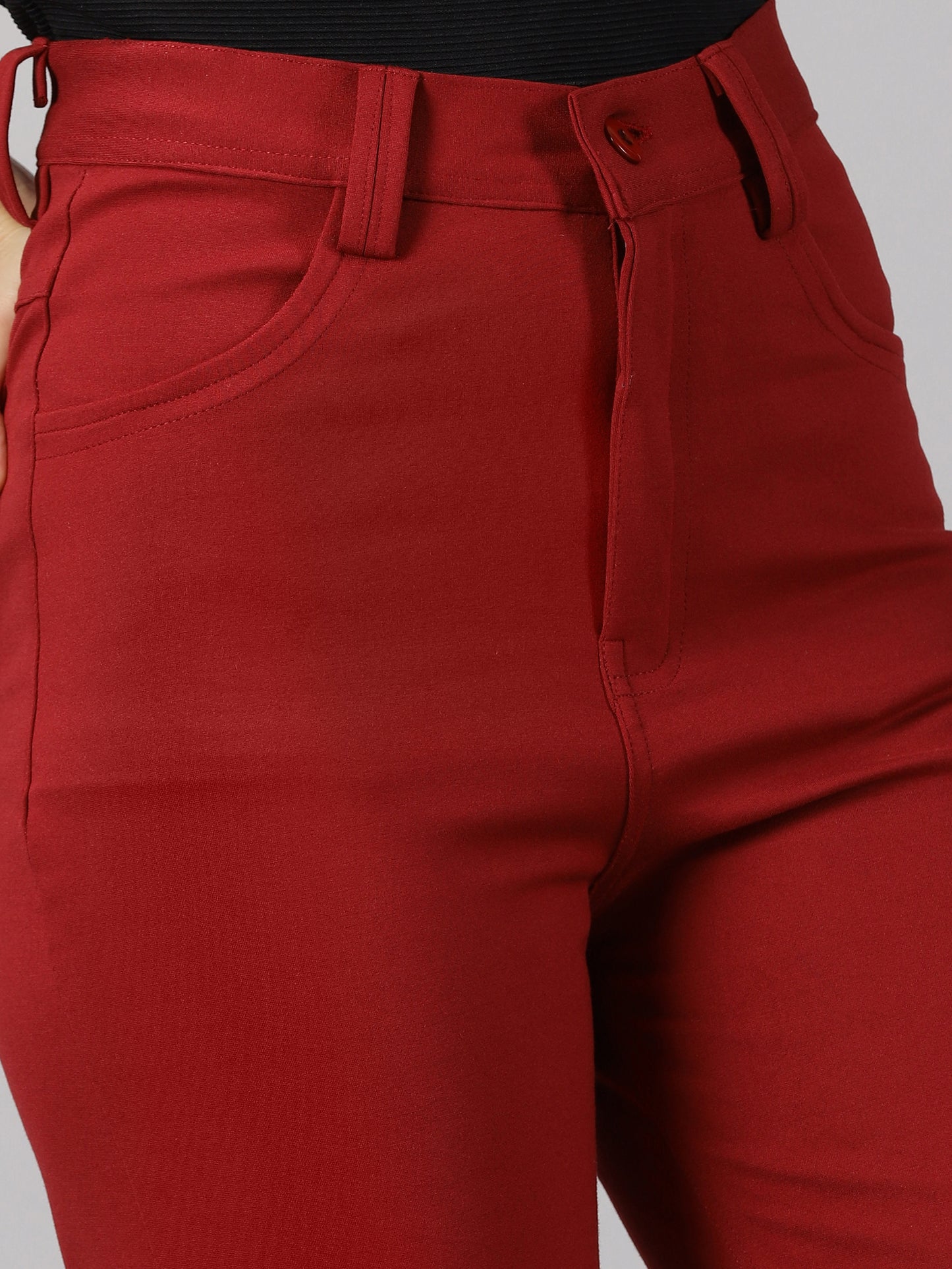 Maroon solid four pocket stretchable trousers