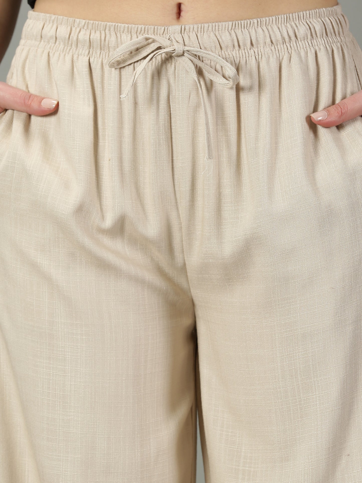 Beige Solid Slub Palazzos